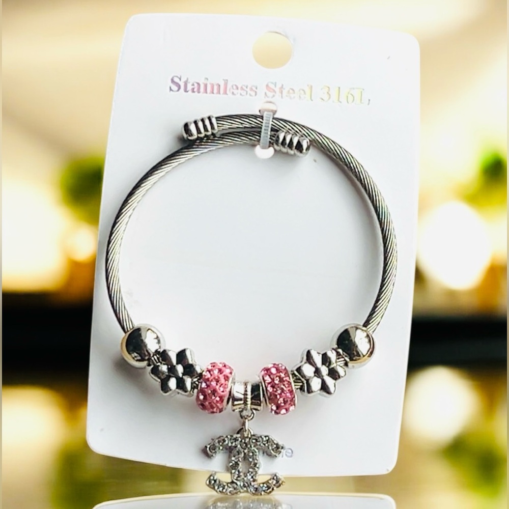 Chic Silver Bracelet with Pink Charms